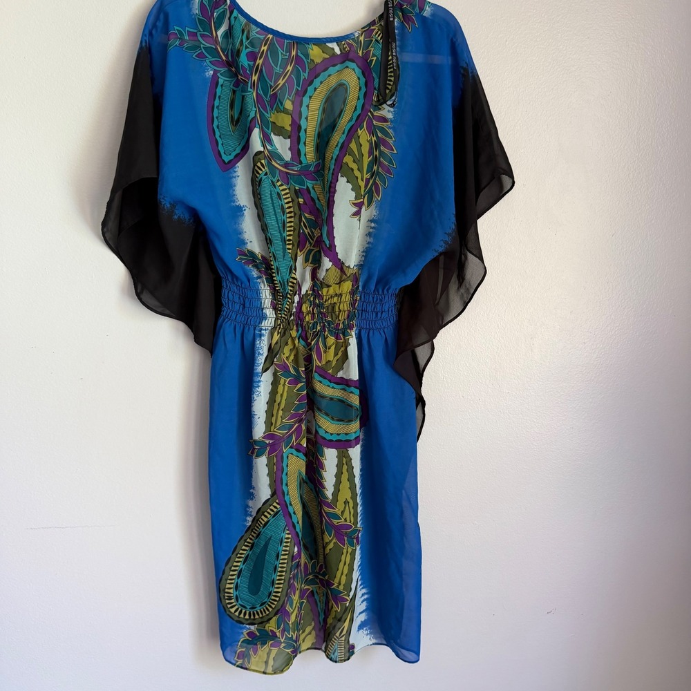 Y2K Bisou Bisou Michele Bohbot Blue Paisley Kaftan Butterfly‎ Sleeve Dress 14 - Picture 4 of 4